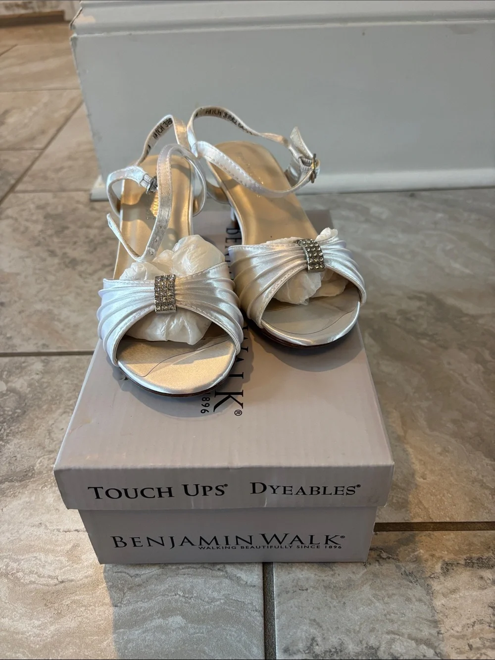 Benjamin Walk White Satin Slingback Heels with Rhinestone Accent